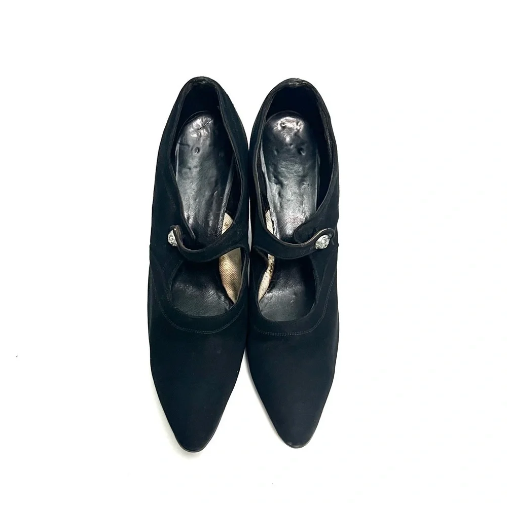 Vintage 1940s black suede pointed toe rhinestone button Mary Jane heels
